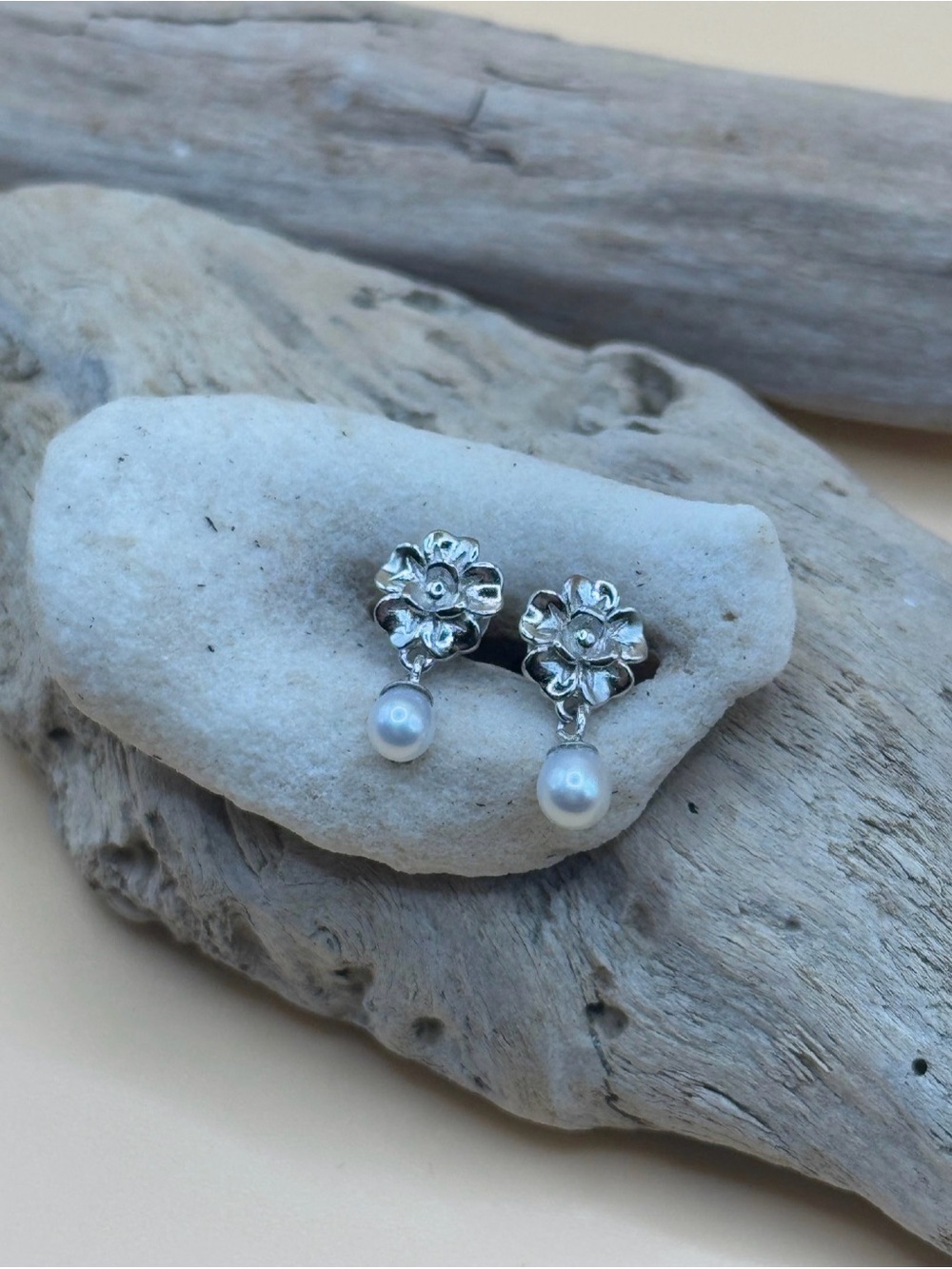 Luster Blooms – Handmade Sterling Silver Floral & Pearl Earrings